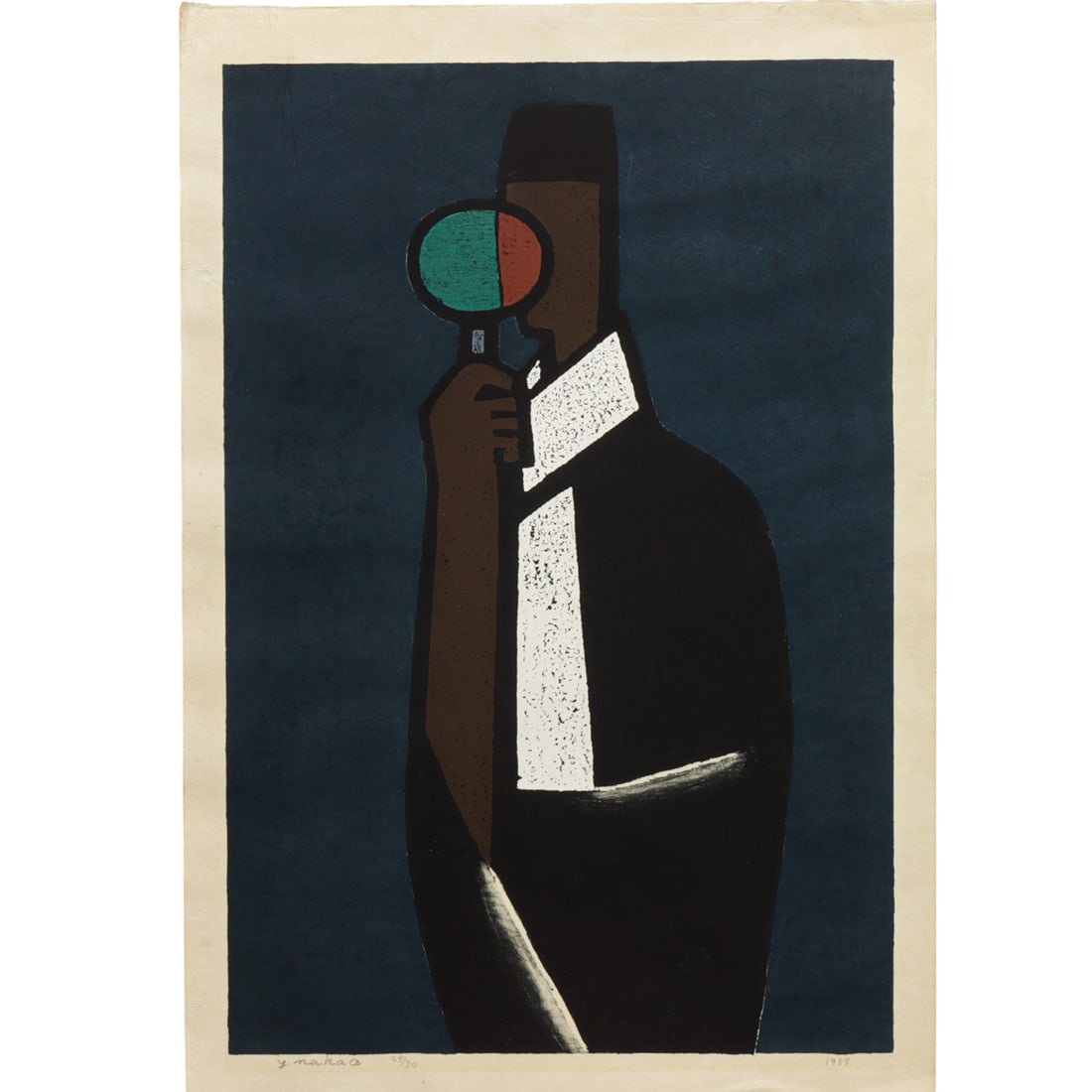 Print, Nakao Yoshitaka: Nakao Yoshitaka (Japanese, 1911-1994), Figure with Magnifying Glass, 1957, woodcut, pencil signed lower left, ed. 29/30, sheet (unframed): 29.5"h x 20.5"w