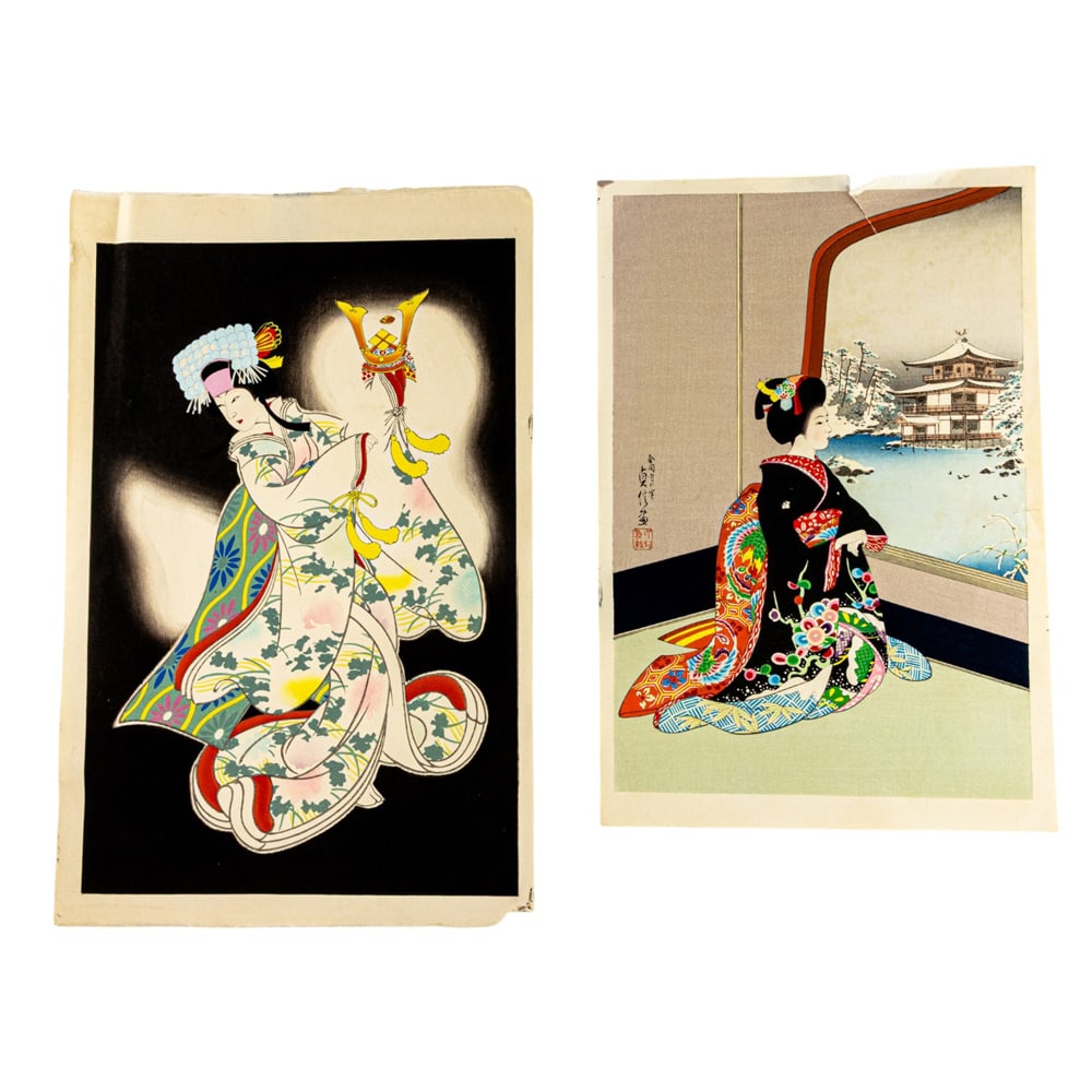 (lot of 2) Japanese woodblock prints: (lot of 2) Japanese woodblock prints. From 15.5"'h x 10.25"w to 17.5"h x 11.5"w.