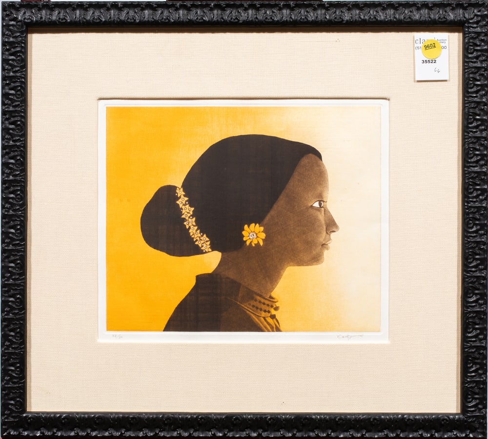 Print, Kaoru Saito: Kaoru Saito (Japanese, 1931–2021), "Gazing," 1975, mezzotint and aquatint, pencil signed lower right, edition 38/50, overall (with frame): 16.5h x 18.25"w