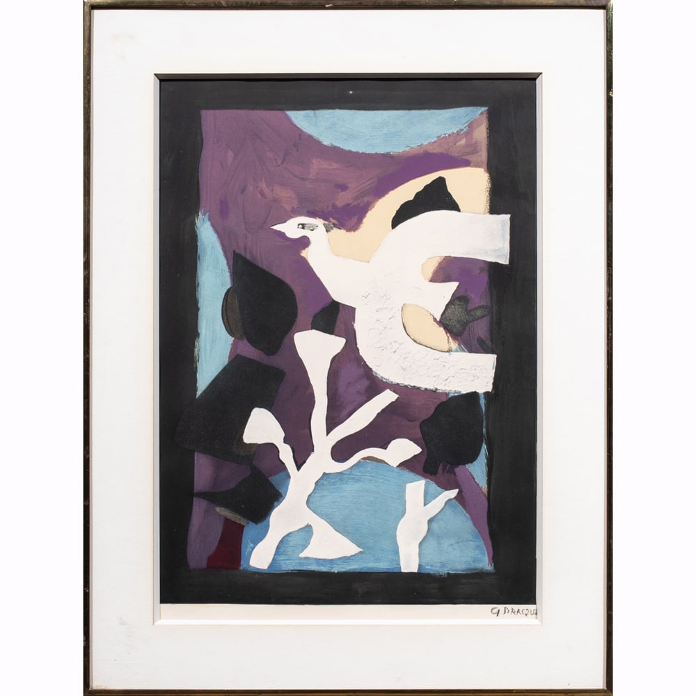 Print, After Georges Braque: After Georges Braque (French, 1882–1963), Oiseau et Lotus, 1963, lithograph in colors, bears signature lower right, overall (with frame): 28.25"h x 21.25"w