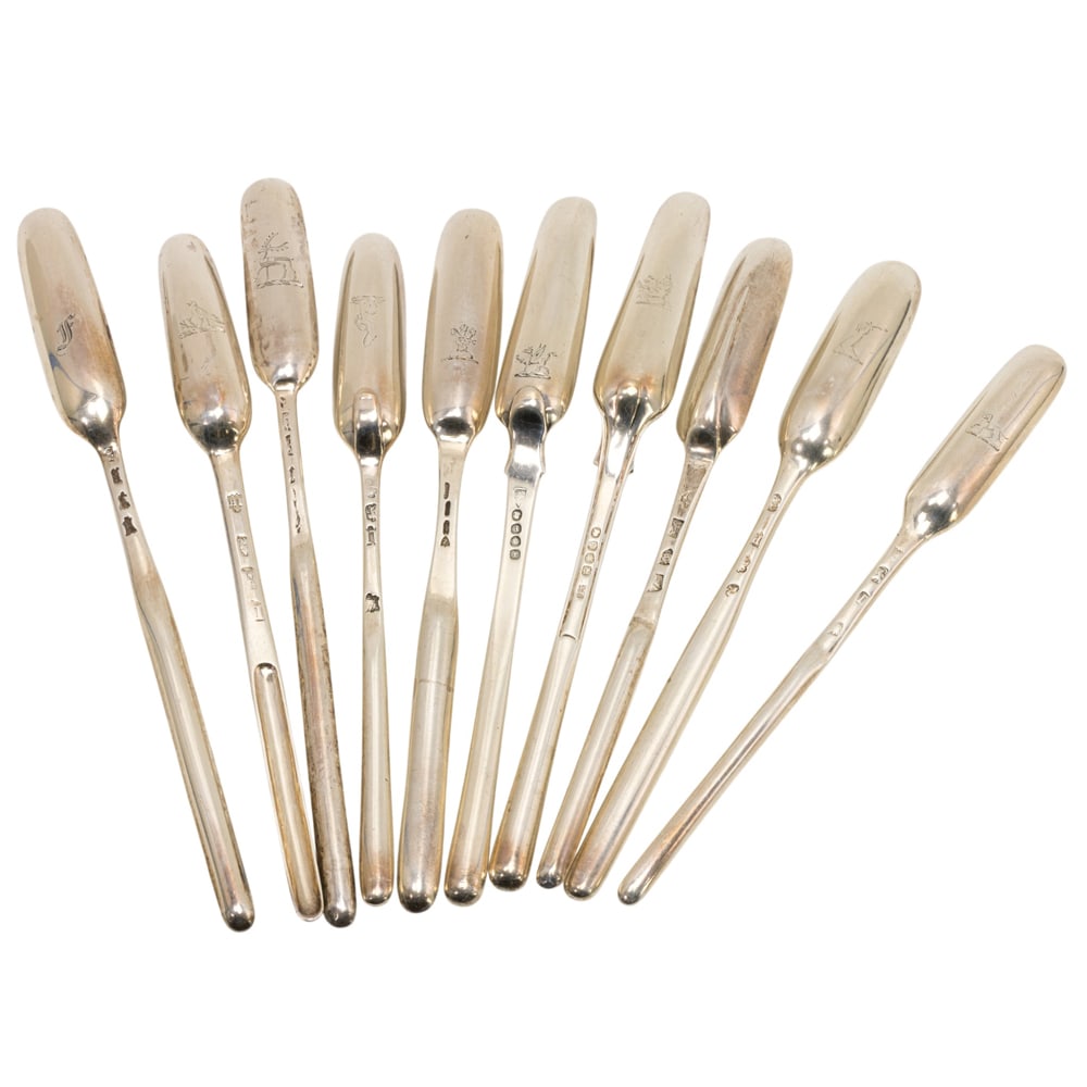 A collection of English and Irish silver duel-ended marrow scoops: A collection of English and Irish silver duel-ended marrow scoops, comprising: Eley, Fearn & Chawner, London 1810, with crest, L. 9 in; Eley, Fearn & Chawner, London, 1809, with crest, L. 9 in; with