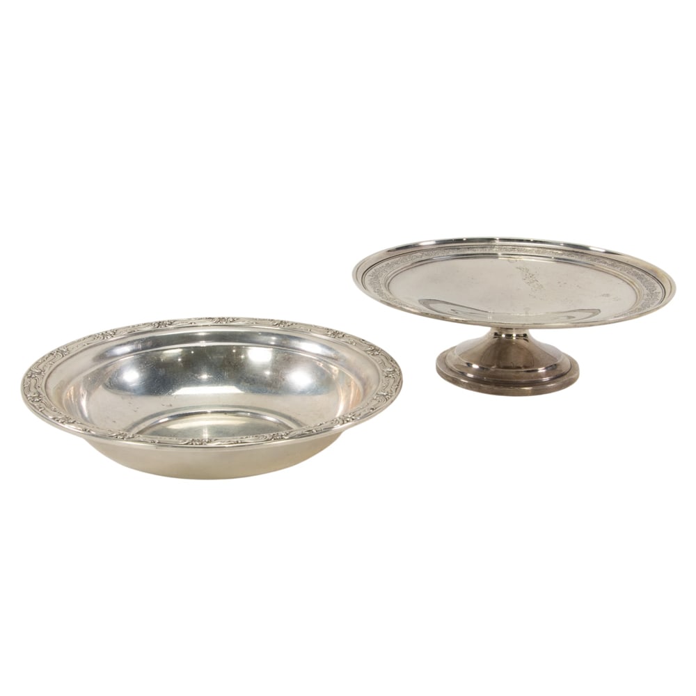 A sterling footed stand: A sterling footed stand, Frank M. Whiting Co., H. 2 3/4 in; together with a bowl by Reed & Barton, Marlborough, D. 9 3/8 in; (22.60 oz t.) (2 items)