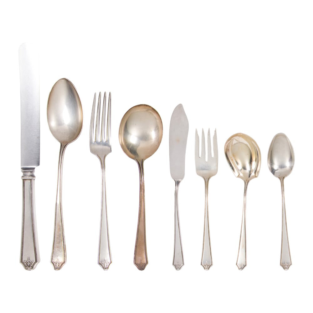 A sterling flatware set: A sterling flatware set, International Silver Co., comprising: 12-7 1/2 in forks, 10 salad forks, 11 teaspoons, 8 soup spoons, 1 butter serving knife, 1 sugar spoon, 3 tablespoons, (50.94 oz t.); 12-9