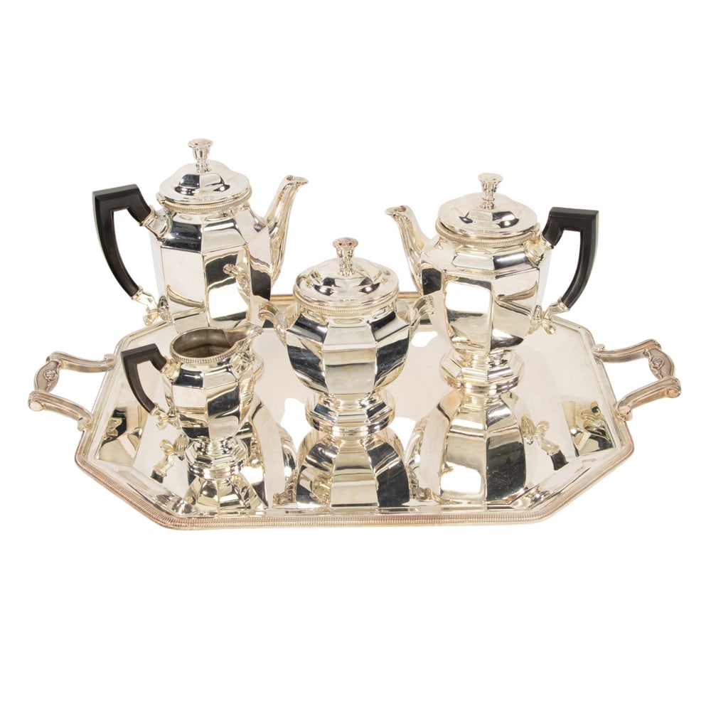 A French silver plate four piece tea and coffee set on matching tray, Christofle, Colbert: A French silver plate four piece tea and coffee set on matching tray, Christofle, Colbert, comprising: coffee pot, teapot, sugar bowl with cover and cream pitcher, H. of coffee pot: 9 1/4 in;