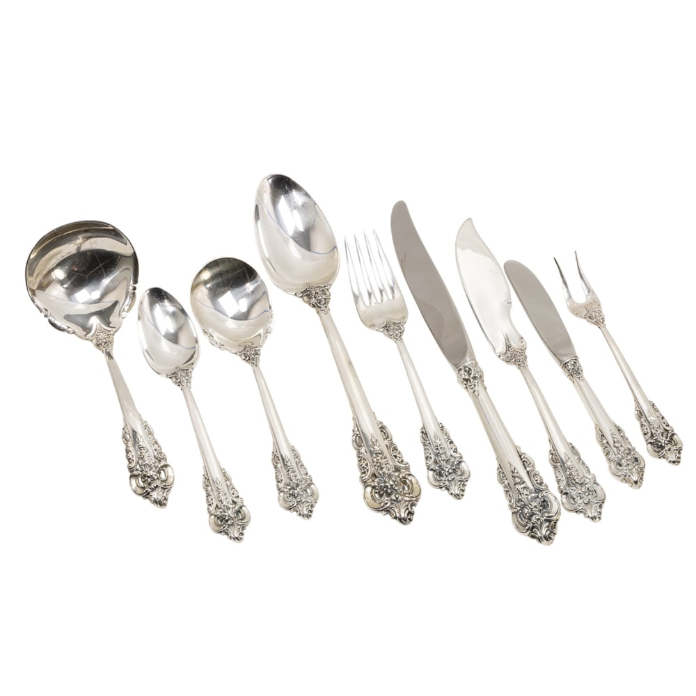 A Wallace Grand Baroque sterling flatware service for twelve, comprising: (12) dinner forks 7 (1 of 8)