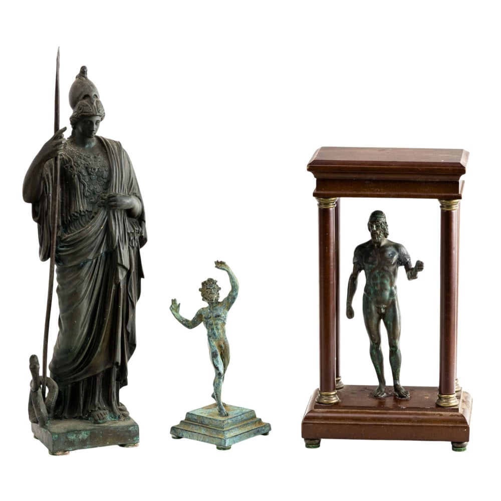 Three Grand Tour style figures: Three Grand Tour style figures, comprising patinated bronze figure of Diana, 11"h; verdigris patinated bronze figure of the Dancing Faun, 5"h; patinated metal figure of Riace warrior in wood portico,