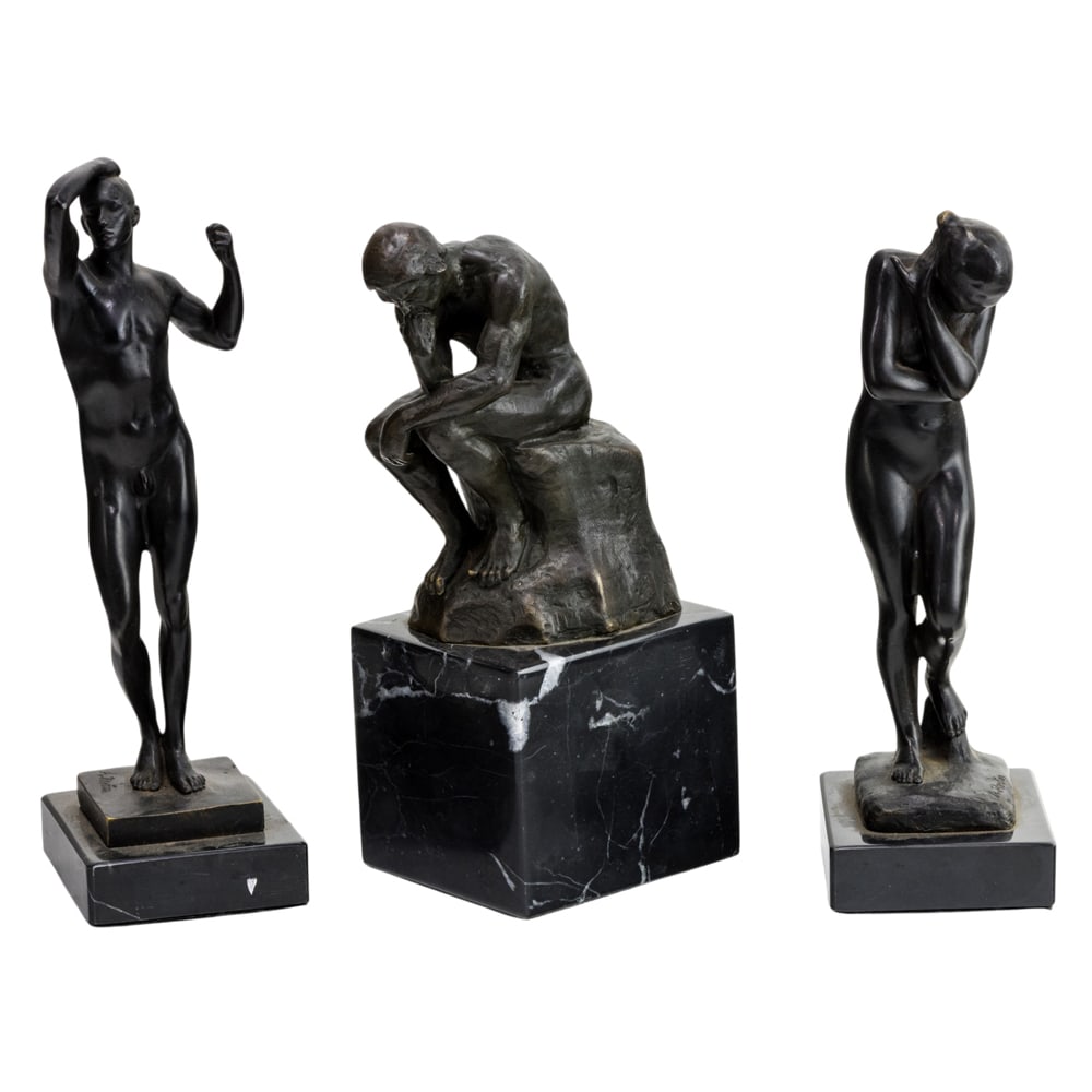 Three Continental patinated bronze figures after Rodin: Three Continental patinated bronze figures after Rodin, each on marble plinth and inscised 'Rodin', comprising 'L'Age d'airain' male nude with one arm raised, 9"h x 2.5"w x 3"d; 'Eve' in pose of