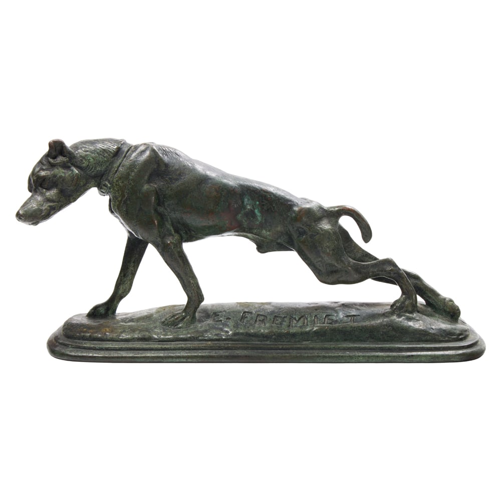 A French patinated bronze animalier bronze of a stretching dog: A French patinated bronze animalier bronze of a stretching dog, after a model by Emmanuel Fremiet, late 19th century, signed 'E. Fremiet', 3.75"h x 7.5"l