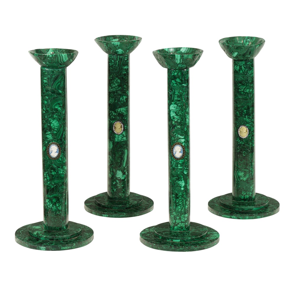 Two pairs of Russian style malachite candlesticks (1 of 4)