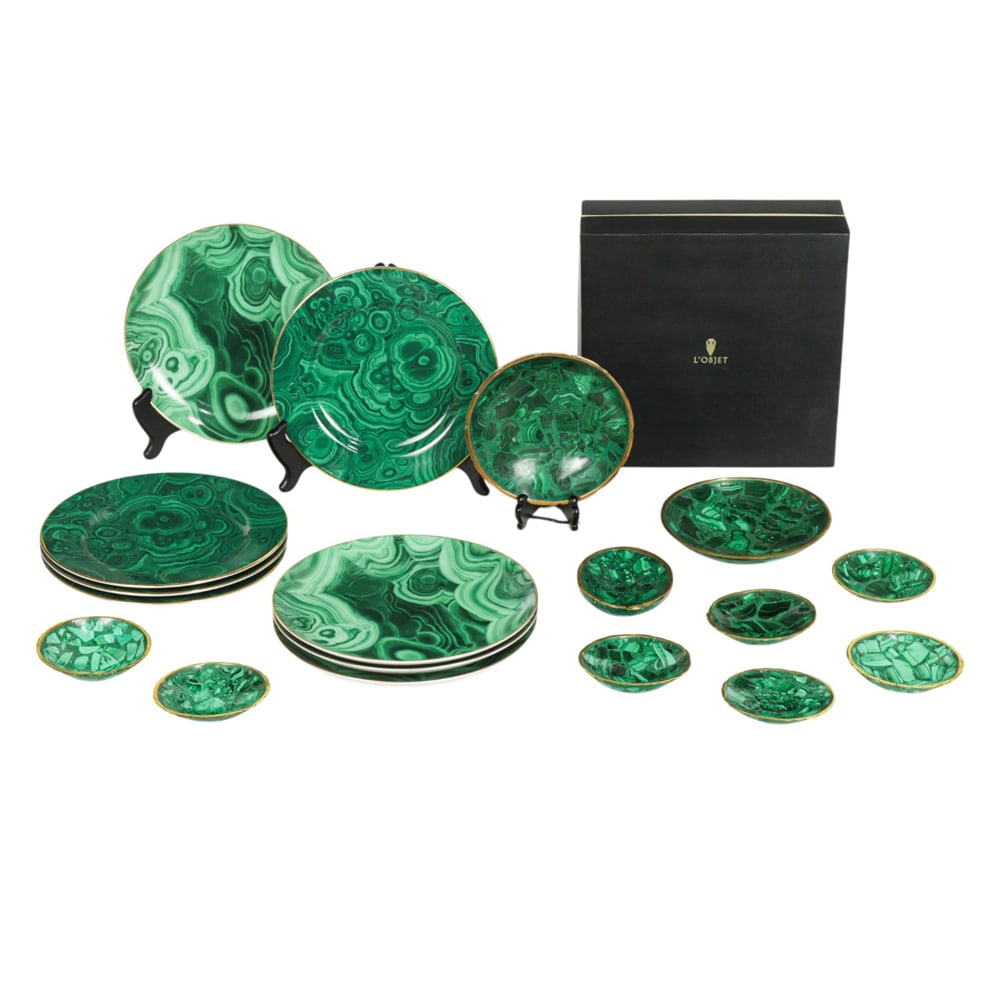 A collection of ten malachite veneered bronze bowls: A collection of ten malachite veneered bronze bowls, between 3.5"dia and 5.75"dia, together with (4) Neiman Marcus porcelain plates in a malachite pattern, 8"dia and (4) L'Objet porcelain plates in a 