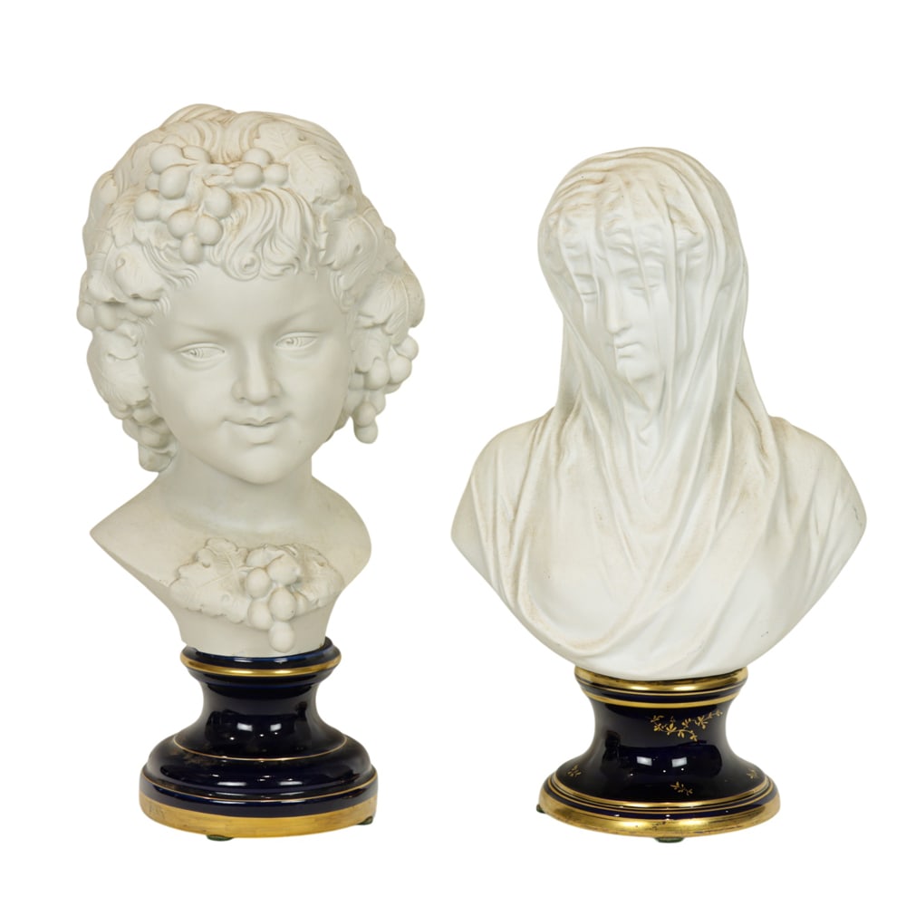 Two Sevres style bisque and cobalt glazed porcelain busts (1 of 6)