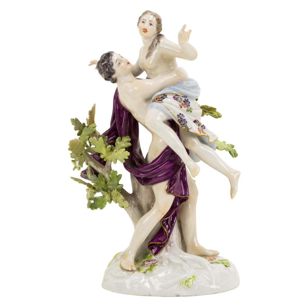 A Meissen porcelain figural group: The Rape of Proserpina: A Meissen porcelain figural group: The Rape of Proserpina, after a model by J.J. Kandler, late 19th century, underglaze blue crossed swords, incised '990', impressed '66', 9.5"h x 4.5"w x 3.5"d