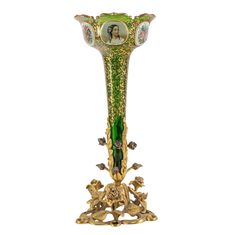A Bohemian enameled emerald green glass and gilt bronze vase (1 of 3)