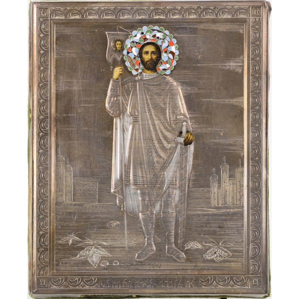 A Russian icon of the Holy Prince Alexander Nevsky with 84 standard silver oklad (1 of 4)