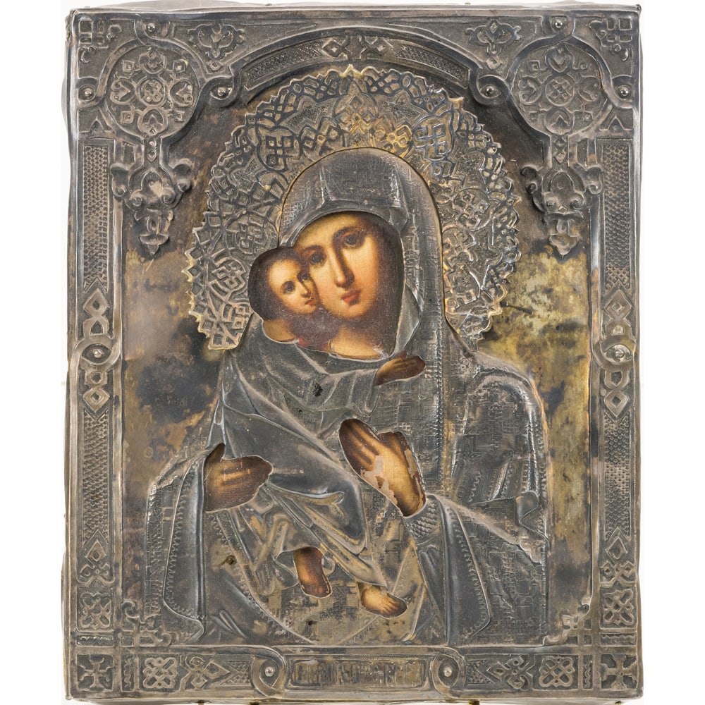 A Russian icon of the Madonna and Child with 84 standard silver oklad (1 of 5)