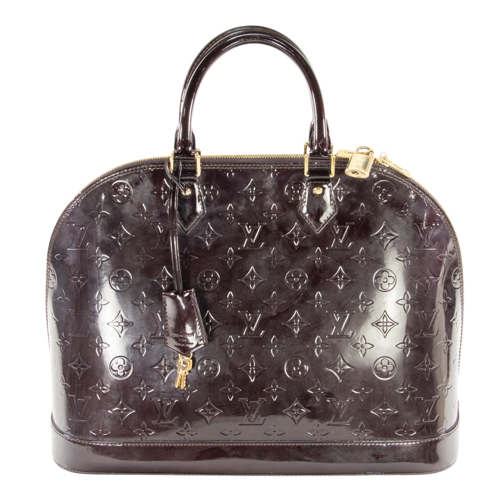 A Louis Vuitton amarante vernis Alma MM handbag: A Louis Vuitton amarante vernis Alma MM handbag, featuring gold-tone hardware, padlock and key bell, double zip closure with multiple interior pockets, date code 'MI1190', 11.75"h x 15.5"w x 7.5"d, 5"