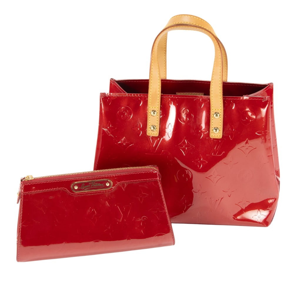 A Louis Vuitton monogram Vernis Reade PM handbag and a Vernis Trousse cosmetic pouch or clutch: A Louis Vuitton monogram Vernis Reade PM handbag and a Vernis Trousse cosmetic pouch or clutch, each in red patent leather with gold tone hardware, handbag numbered 'MI 1006', 7"h x 8.5"w x 4"d; pouch