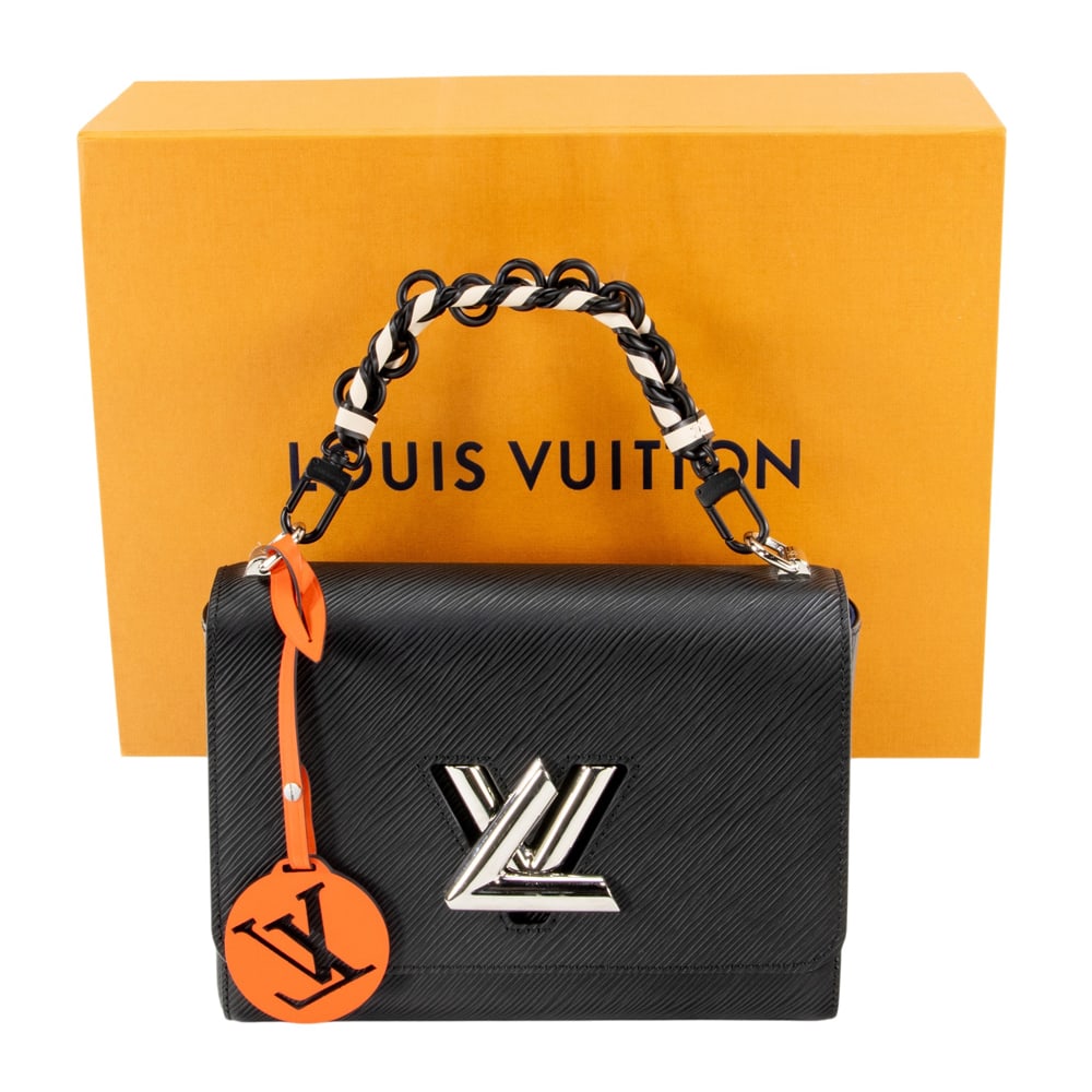 A Louis Vuitton black Epi leather Twist MM Braid handbag: A Louis Vuitton black Epi leather Twist MM Braid handbag, designed by Nicolas Ghesquiere, featuring gold-tone hardware, a braided leather-accented chain shoulder strap, an microfiber-lined interior wi