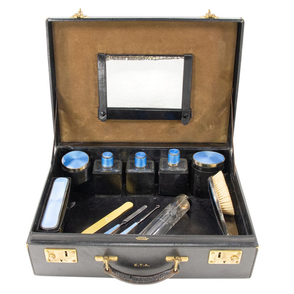 A Cartier leather black leather dressing case with French sterling silver guilloche enamel mounts (1 of 7)