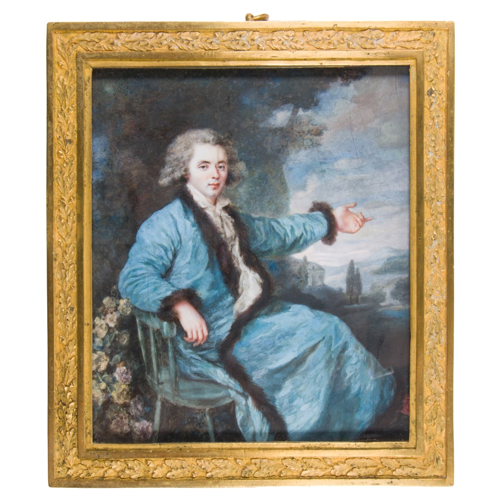A large European portrait miniature picture of a man: A large European portrait miniature picture of a man, after a painting attributed to Louis Tocque, 19th century, depicting the subject en robe de chambre lined with fur, unsigned, reverse not examined