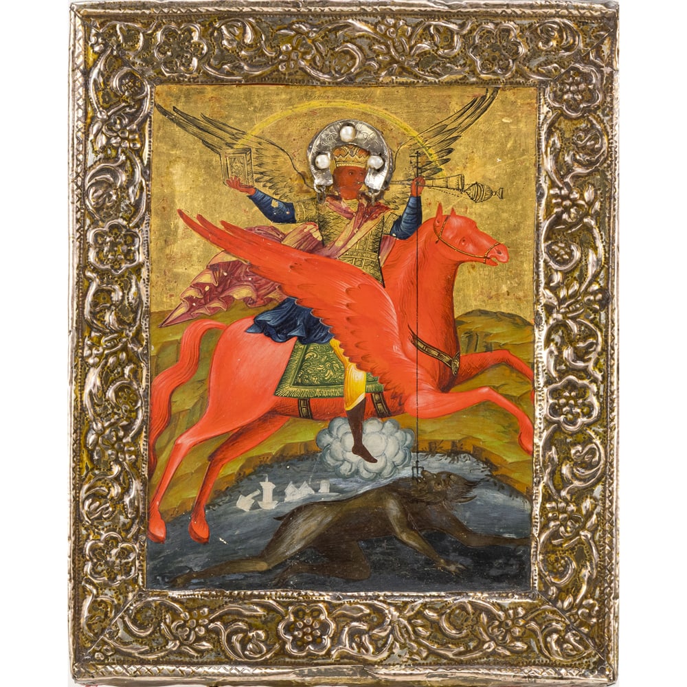 A Russian icon of The Archangel Michael: A Russian icon of The Archangel Michael, 19th century, retains restoration label for The Temple Gallery London, 9"h x 7"w. Provenance: The Collection of Adolphus Andrews Jr. and Emily Taylor Andrews, 