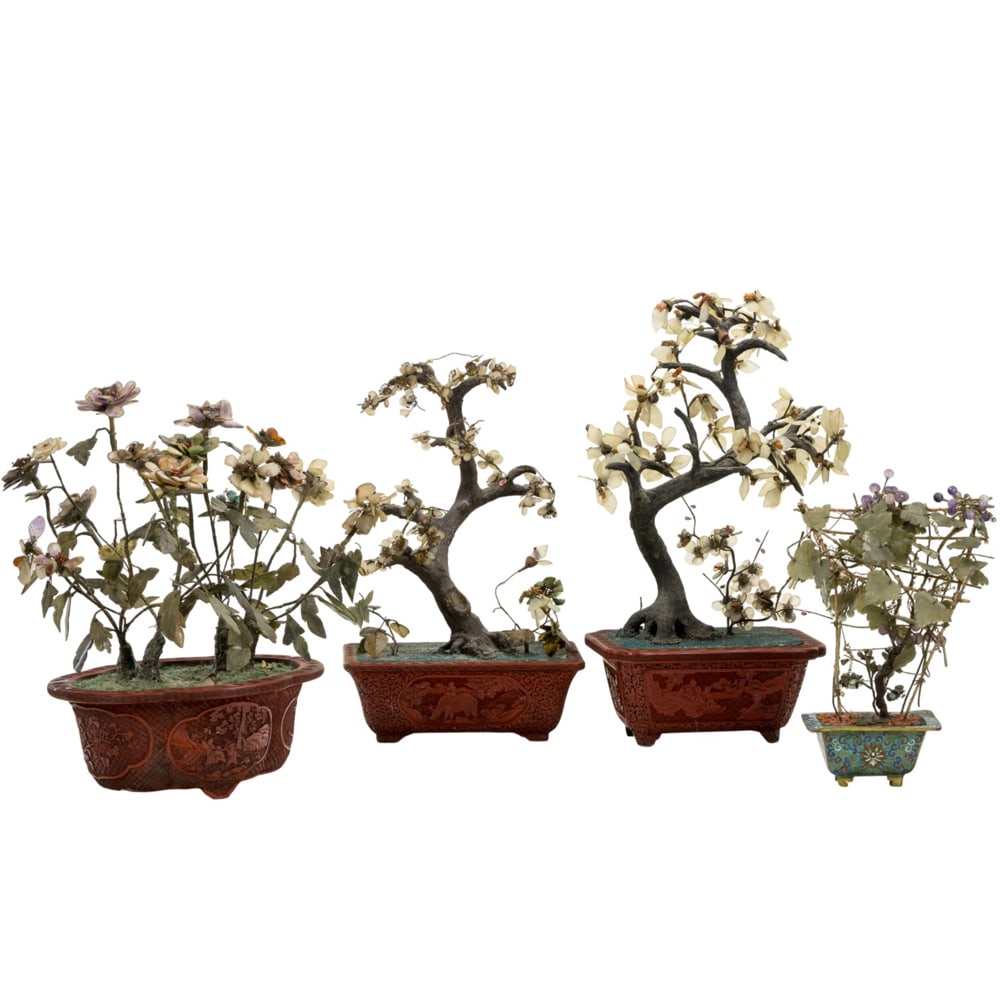 Four Chinese ornamental hardstone models of flowering trees or grape vines (1 of 6)