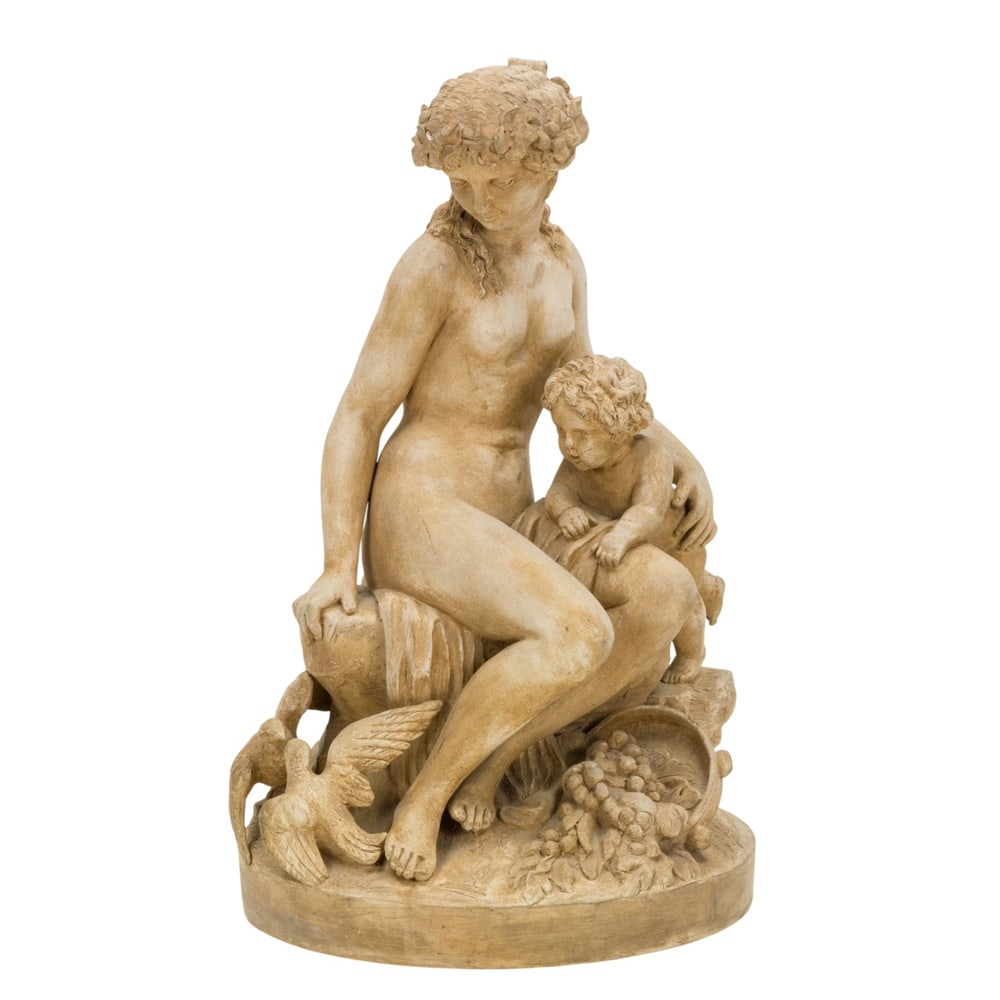 A French style terracotta figure of a young woman and child: A French style terracotta figure of a young woman and child, in the manner of Clodion, pseudo interlaced 'L' mark, 14"h. Provenance: The Collection of Adolphus Andrews Jr. and Emily Taylor Andrews,