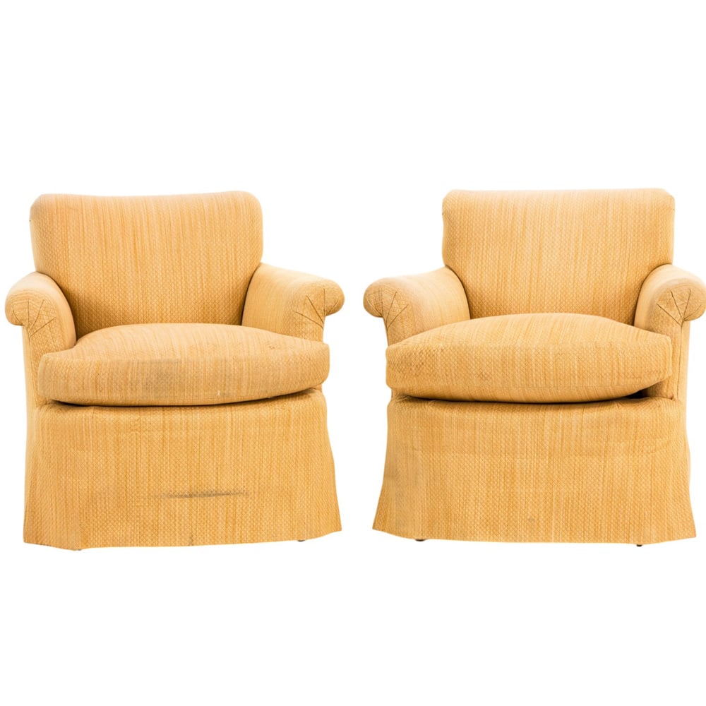 A pair of Belmar Studio (San Francisco) upholstered club chairs: A pair of Belmar Studio (San Francisco) upholstered club chairs, 29"h x 31"w x 32"d (overall); 20"h x 14.5"d (seat)