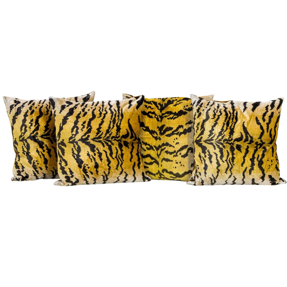 A set of four tiger print velvet pillows with butterscotch mohair backing (1 of 4)