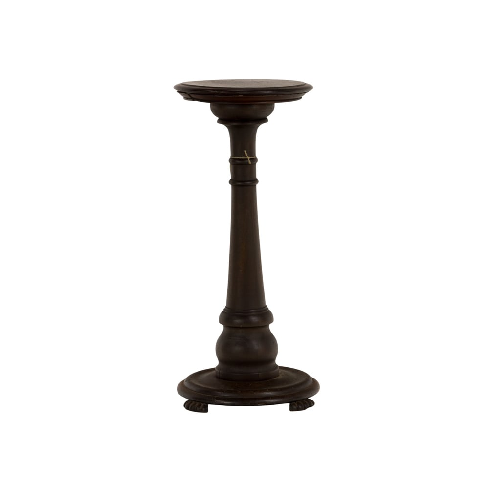 An Arts & Crafts pedestal with circular top: An Arts & Crafts pedestal with circular top, rising on a cylindrical standard and spreading base with stylized claw feet, 30.5"h x 13"dia. Provenance: Property from the private collection of Lynette a