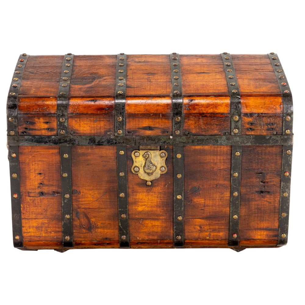 A metal strapwork mounted wood steamer trunk with papered interior (1 of 5)