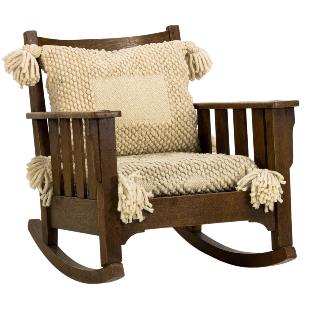 An Arts and Crafts slatted rocking chair circa 1915: An Arts and Crafts slatted rocking chair circa 1915, 31.5"h x 29.5"w x 29"d