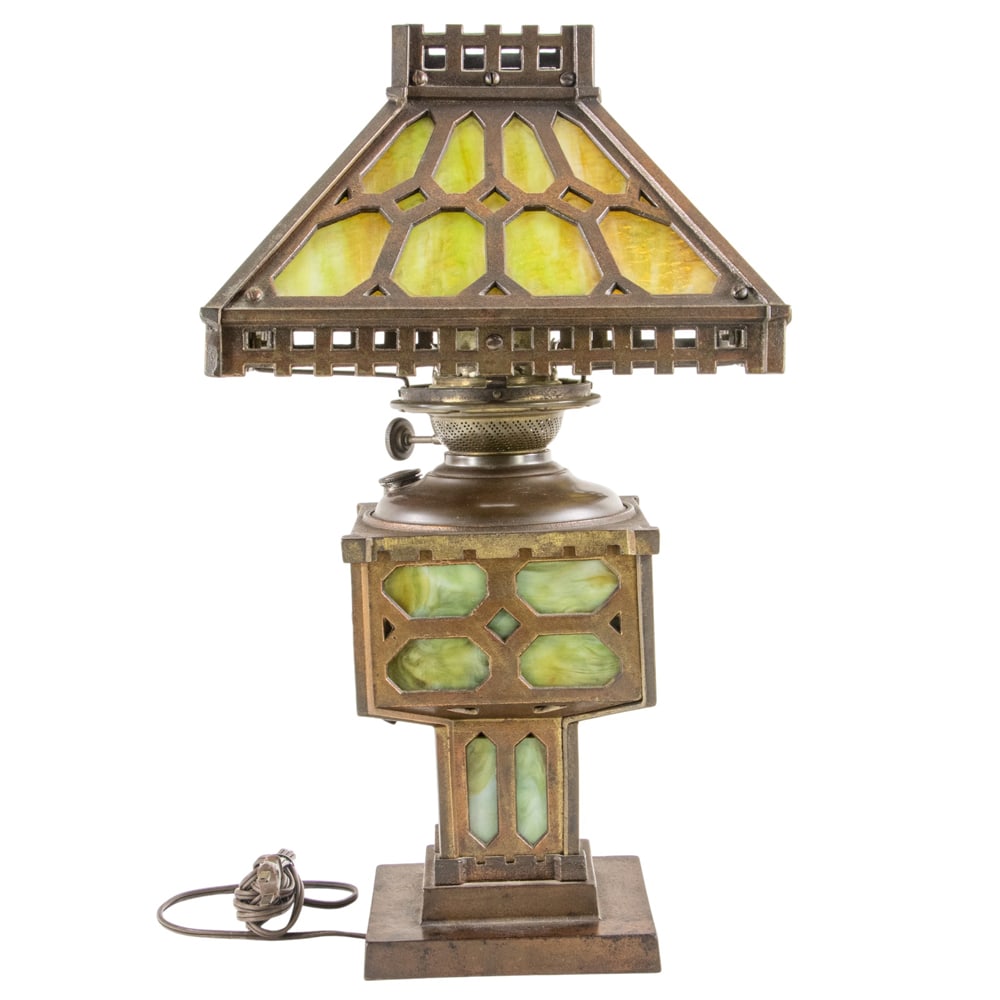 An Arts and Crafts Bradley and Hubbard slag glass oil lamp (1 of 3)