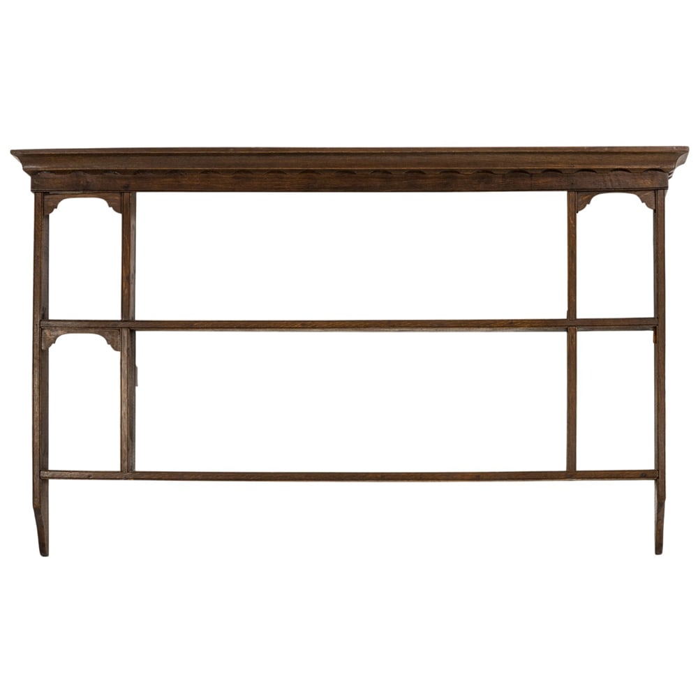 A George III oak hanging shelf: A George III oak hanging shelf, featuring molded pediment top above two fixed shelves, 45"h x 75"w x 8.5"d