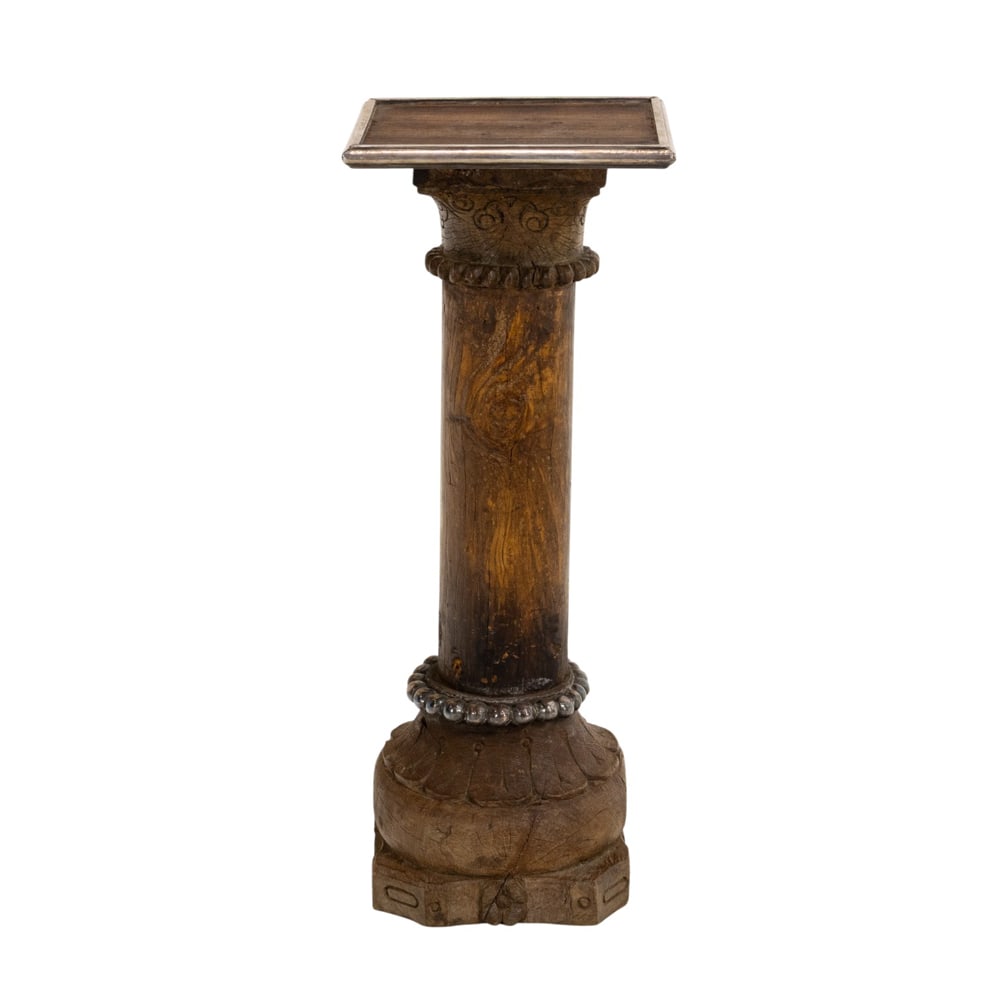 A Victorian metal mounted newel post fashioned as a pedestal: A Victorian metal mounted newel post fashioned as a pedestal, with a later square top resting on the turned support, 32"h x 12.5"sq