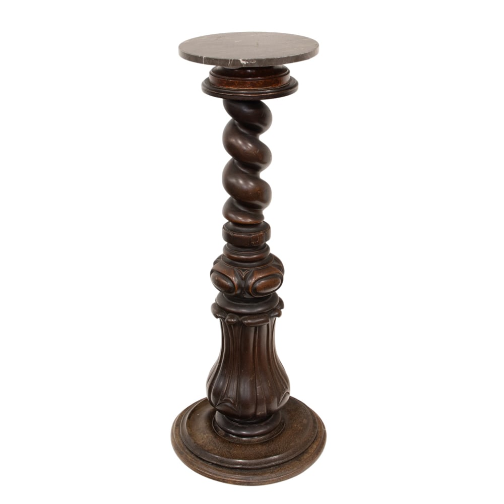 A late Victorian carved newel post pedestal with marble top: A late Victorian carved newel post pedestal with marble top, 38"h x 15"dia (base)