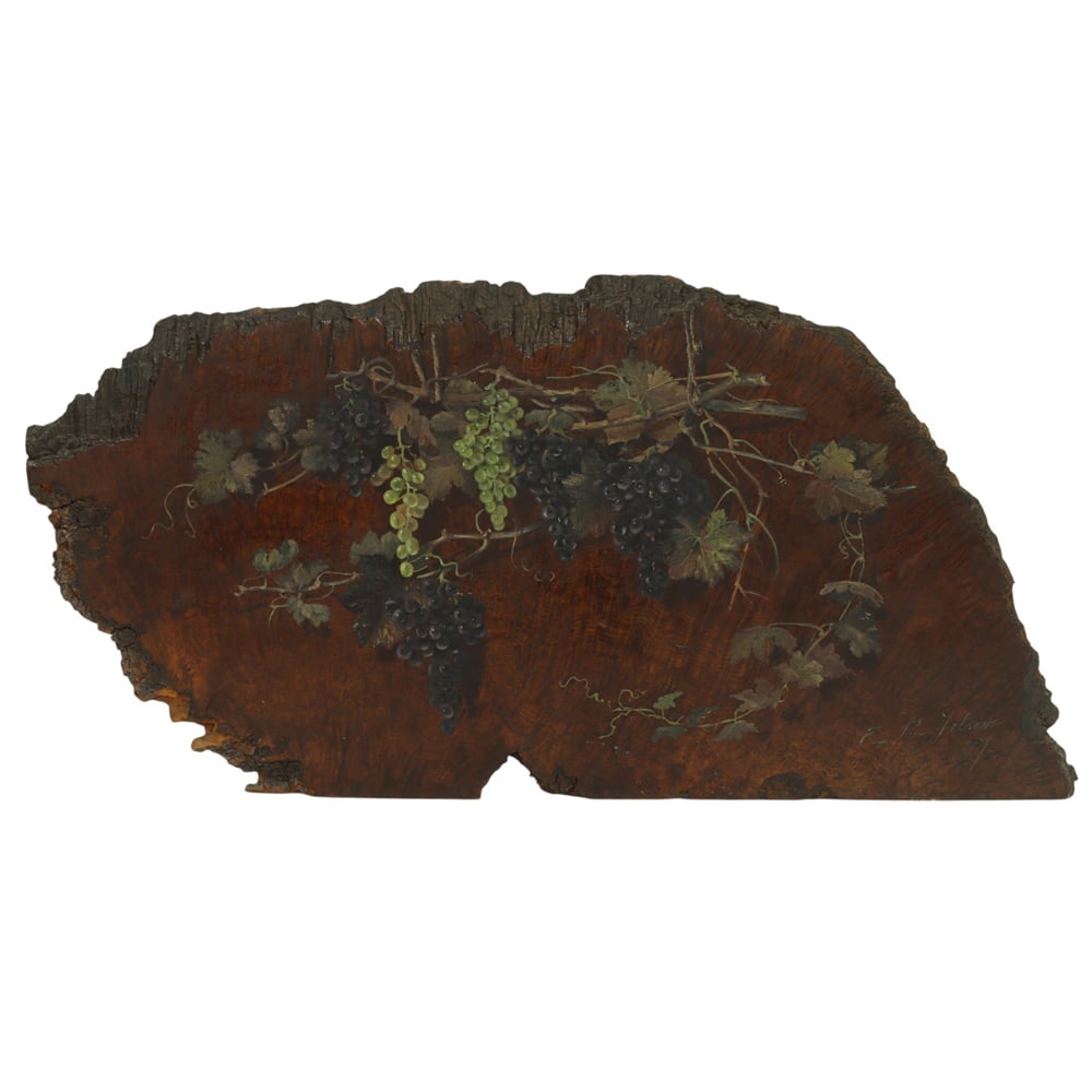 A hand painted wood slab: A hand painted wood slab, the highly figured slab painted with grape clusters, and signed indistinctly 'E.B. Folsom '97', greatest 32"h x 53"w