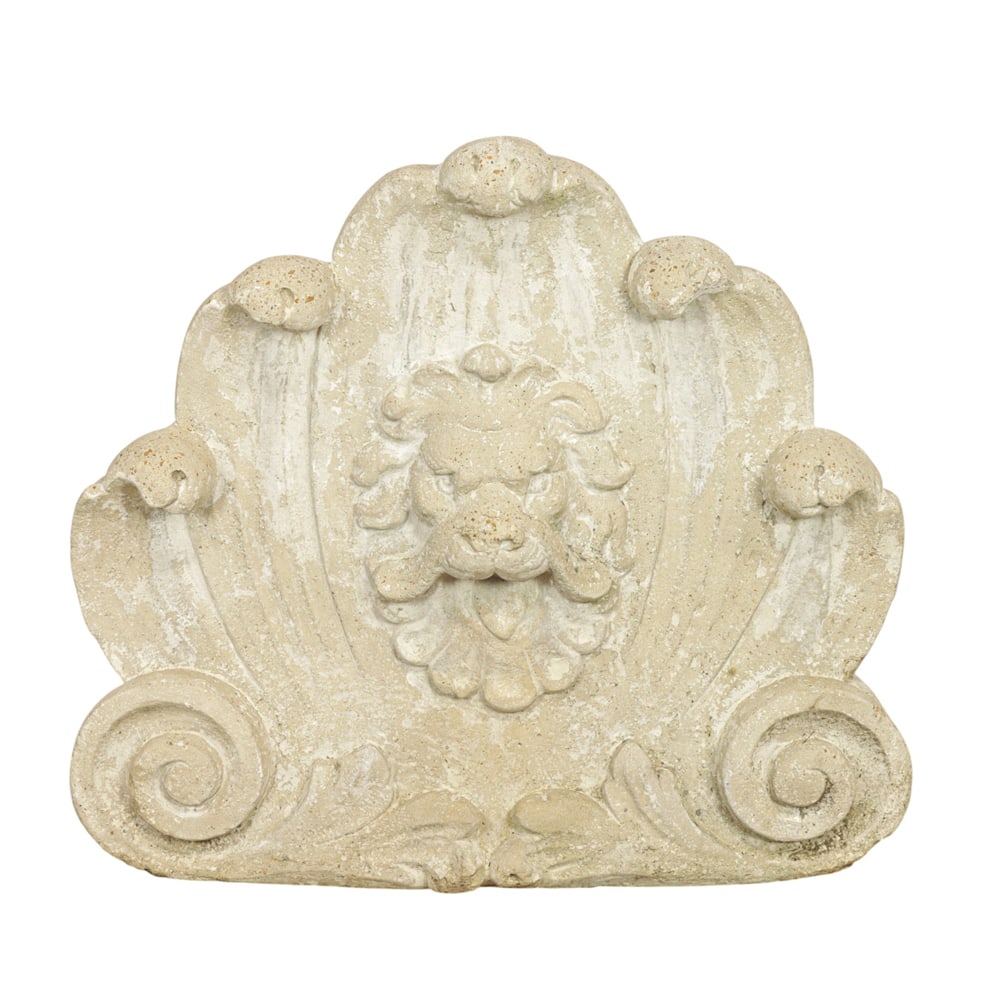 A cast stone fountain head: A cast stone fountain head, 25"h x 27"w x 9"d
