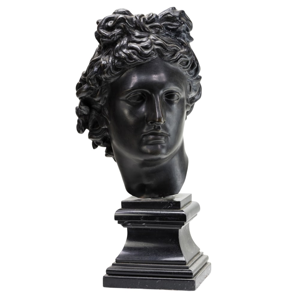 A Continental style patinated bronze head of Apollo (1 of 4)