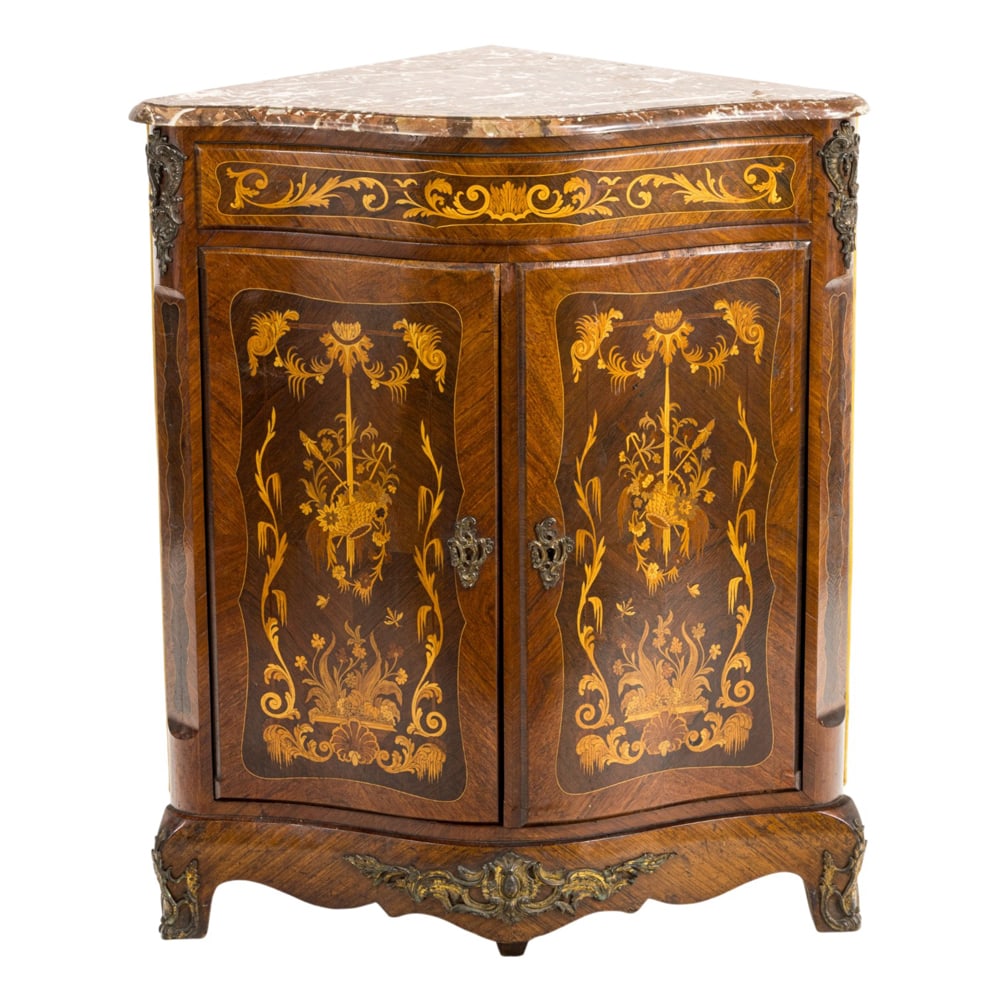 A French marquetry decorated corner cabinet (1 of 7)