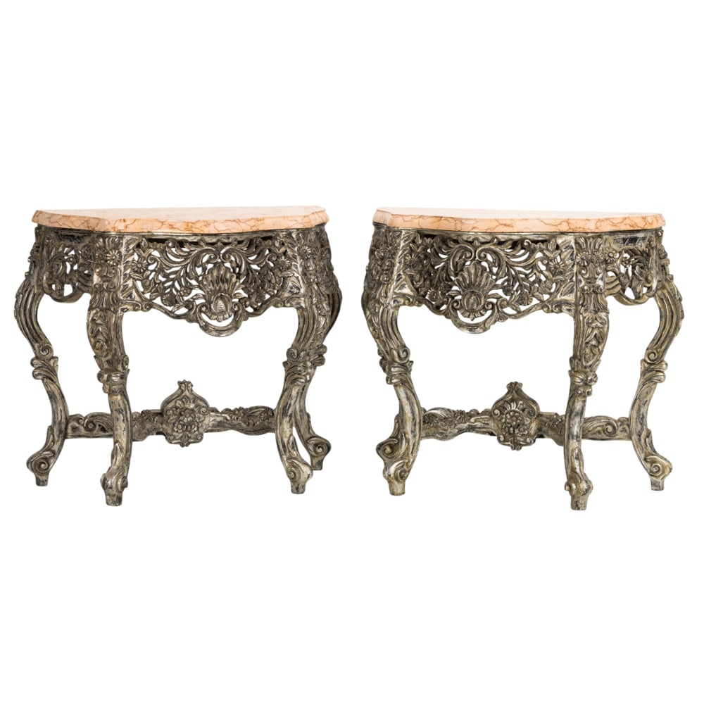 A pair of Baroque style silvered wood console tables with marble top (1 of 6)