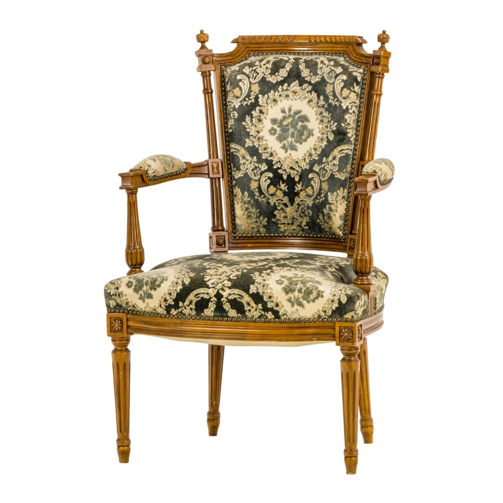 A Louis XVI style fauteuil: A Louis XVI style fauteuil, with cut velvet floral upholstery accented with brass nail head trim, 35"h x 23"w x 21"d (overall); 18"h x 19"d (seat)