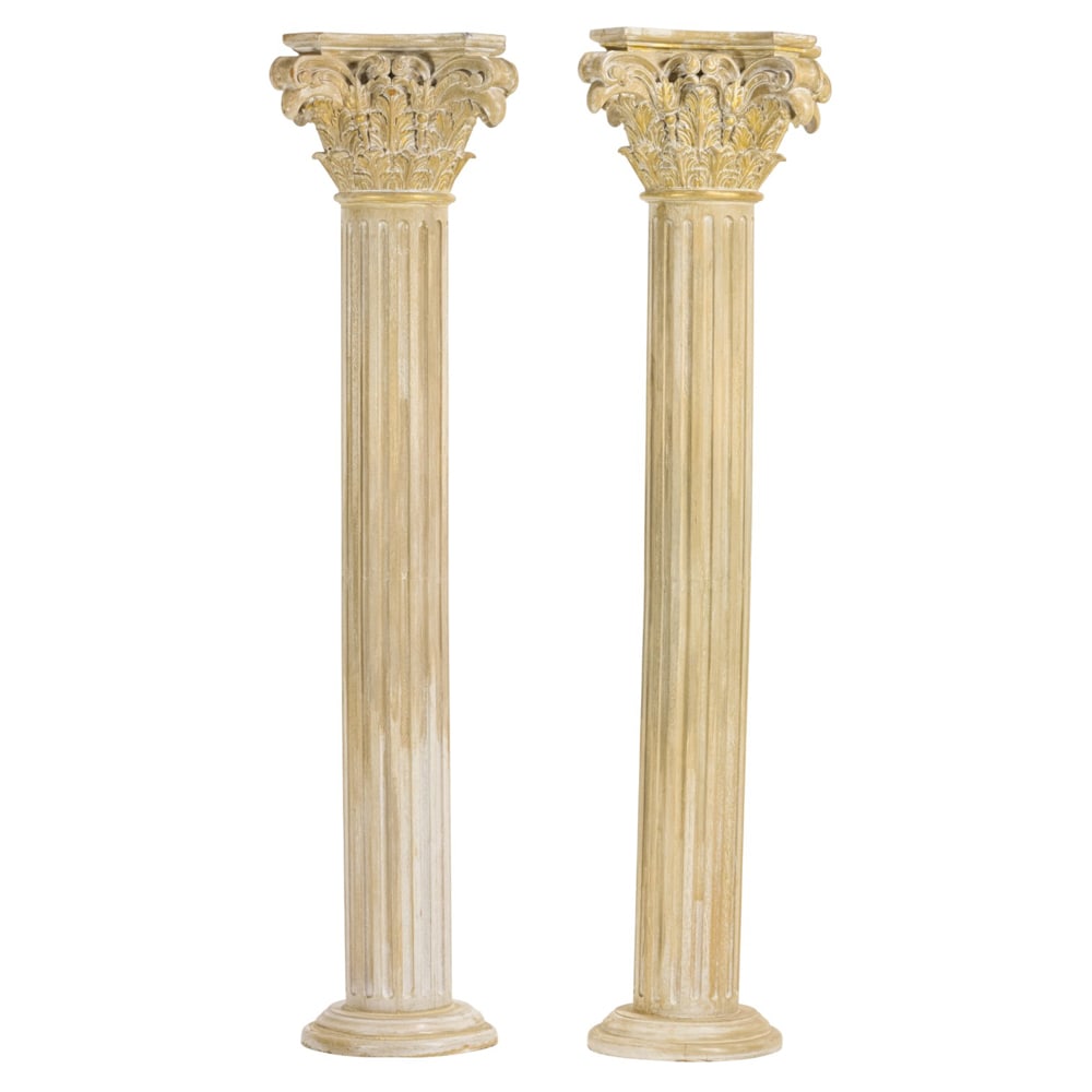 A suite of four Neoclassical style parcel giltwood architectural columns: A suite of four Neoclassical style parcel giltwood architectural columns, comprising two pairs of fluted columns with Corinthian capitals, greatest 96"h x 13"dia (base), smallest 77"h x 13"dia (base).