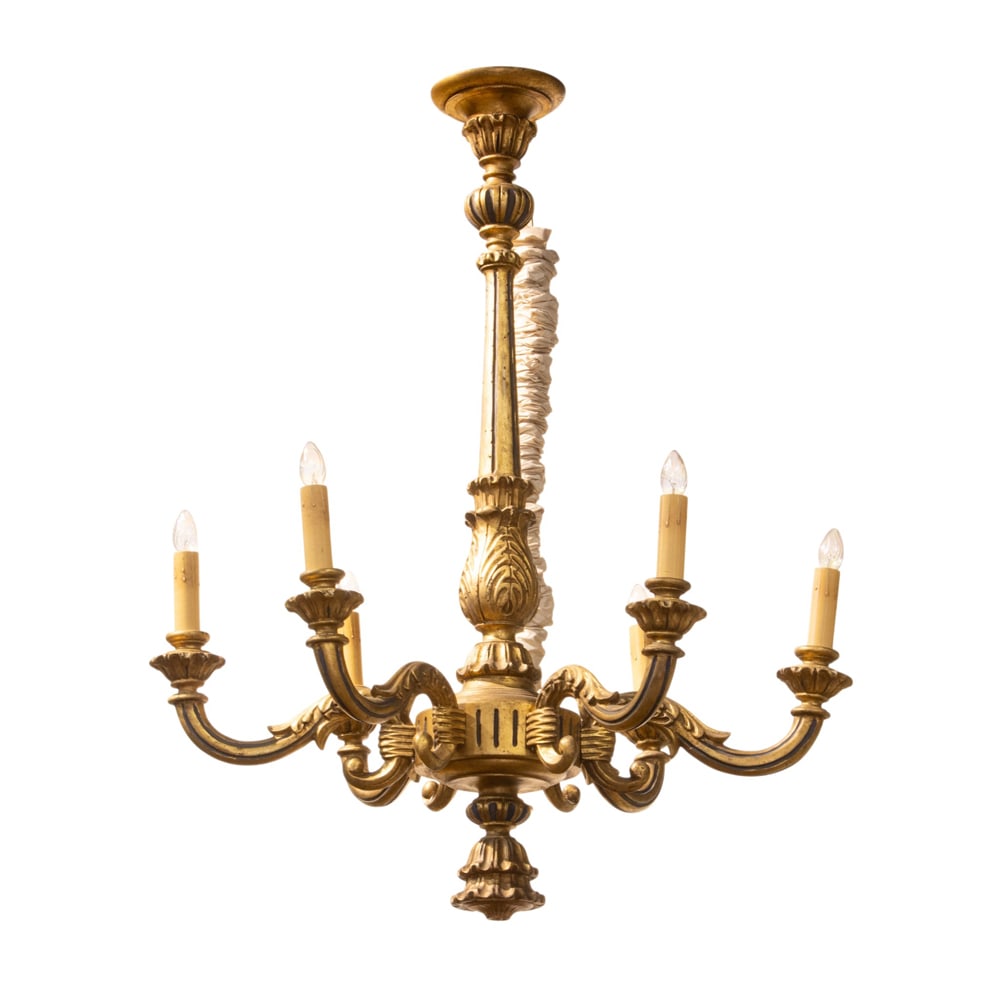 A Neoclassical style giltwood six-light chandelier: A Neoclassical style giltwood six-light chandelier, the leaf knopped standard issuing drum with S-scrolled candlearms, 43"h x 33.5"dia