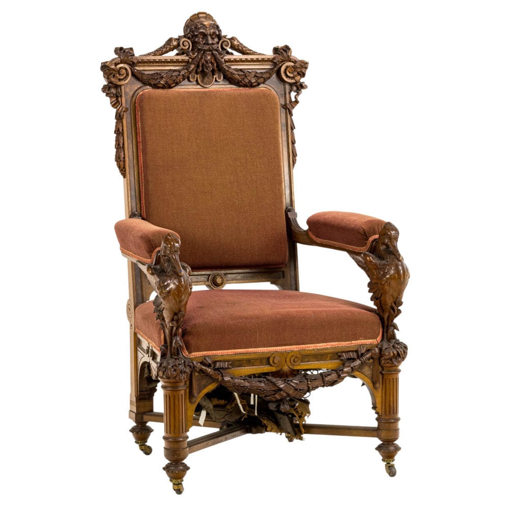 A Herter Brothers American Renaissance carved walnut armchair commissioned for the Billiard Room of: A Herter Brothers American Renaissance carved walnut armchair commissioned for the Billiard Room of the Milton Slocum Latham residence, Thurlow Lodge circa 1872, executed by Herter Brothers, New York,