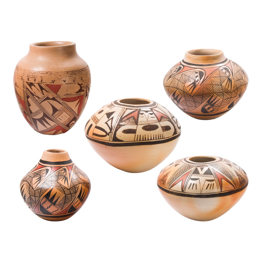 Five Hopi pottery jars: Five Hopi pottery jars, including four by Vernida Polacca Nampeyo, largest 4"h x 6"w, and one by Robert Silas, 5"h x 4"w