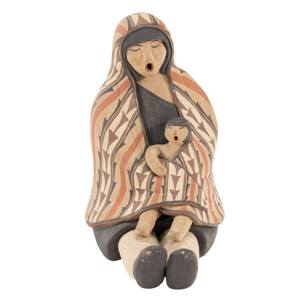 Maxine Toya (Jemez b. 1948) Mother and Child figure: Maxine Toya (Jemez b. 1948) Mother and Child figure, fired clay, pigments, inscribed Maxine Toya / [corn cipher] / Jemez, 7"h