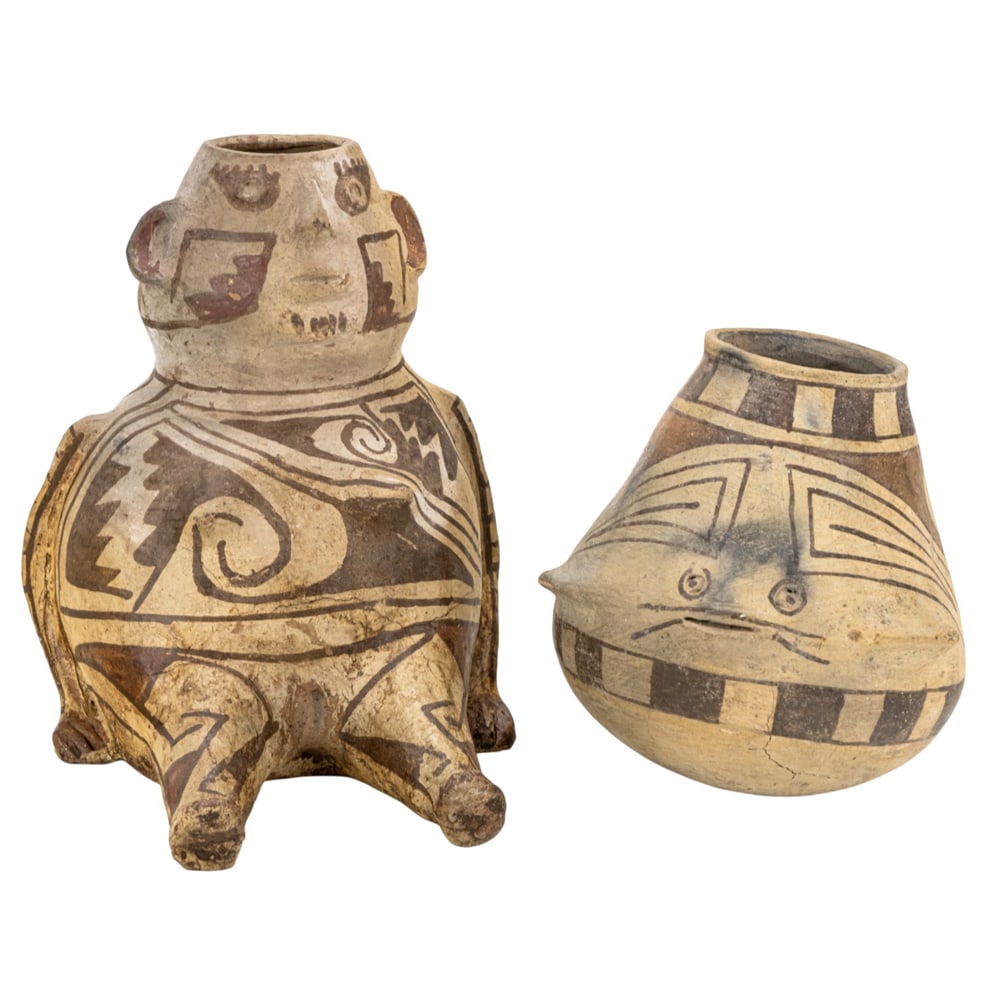 A Casas Grande pottery group: A Casas Grande pottery group, consisting of a fish effigy polychrome pottery olla 6"h x 8"w, and a polychrome female effigy vessel, 8.5"h x 7"w x 8"d