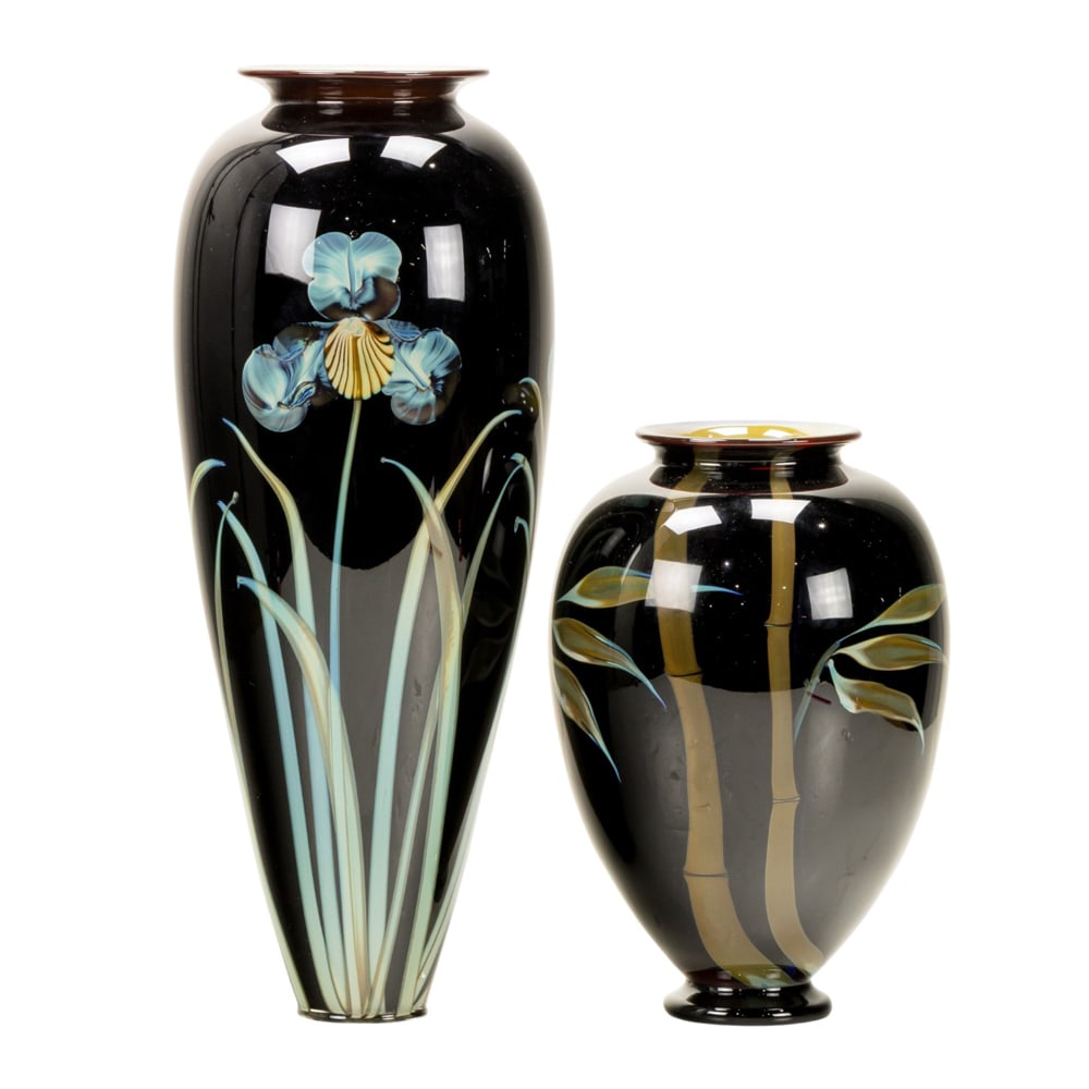 Two Richard Satava glass vases: Two Richard Satava glass vases, dated 2005 and 2006, decorated with iris or bamboo, signed 'Satava 4553-06' and '1811-05', between 11"h and 18"h