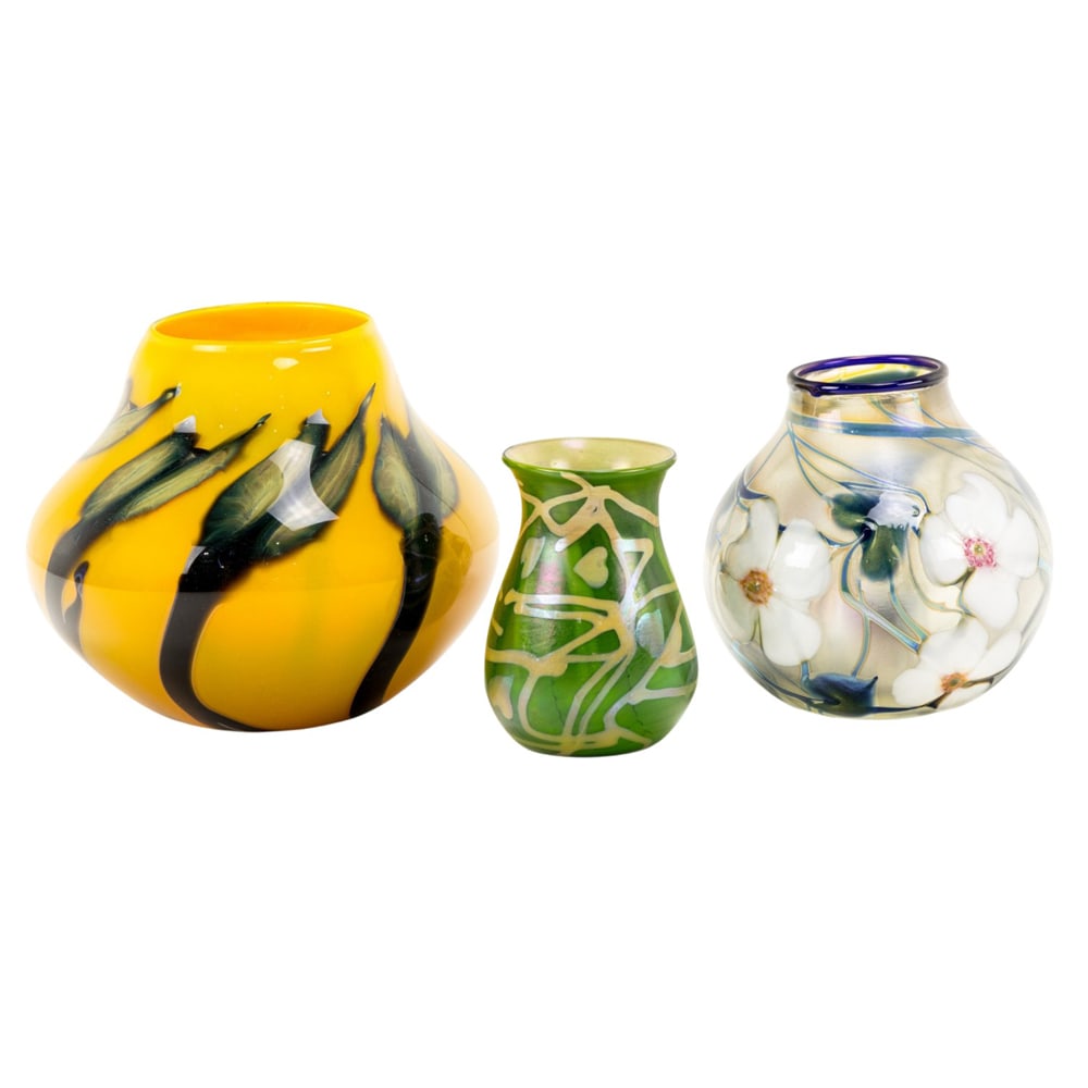 Three Charles Lotton art glass vases: Three Charles Lotton art glass vases, dates between 1979-1984, comprising rare mandolin yellow pulled floral shouldered vase, signed 'Charles Lotton, 1984', 6"h x 3"d; 'Multi Flora' vase, signed 'Char